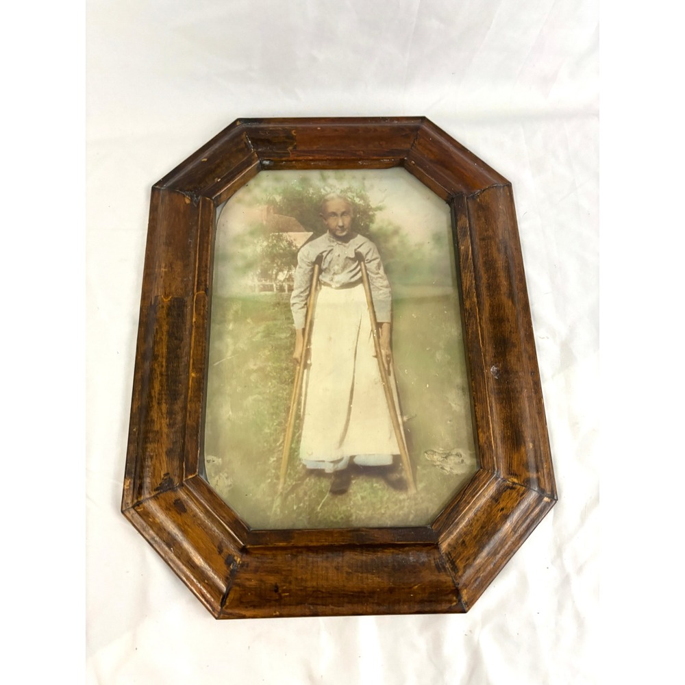 Antique Framed Photo Woman With Crutches Octagon Wood Frame Vintage Portrait